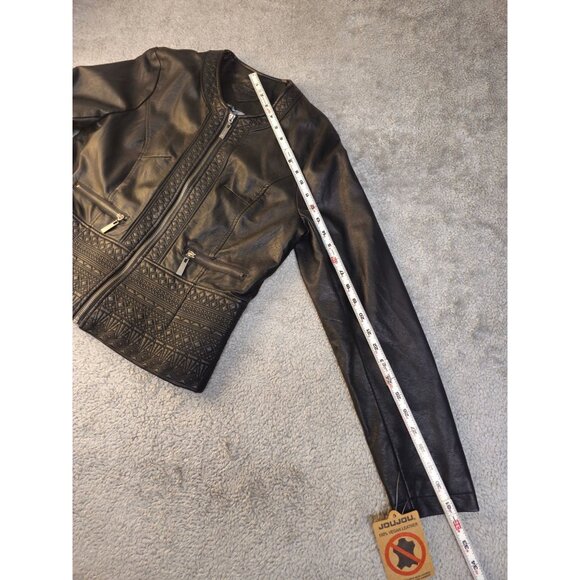 Jou Jou Womens Black Vegan Leather Jacket With Geometric Stitching & Zipper Deta - Picture 7 of 11